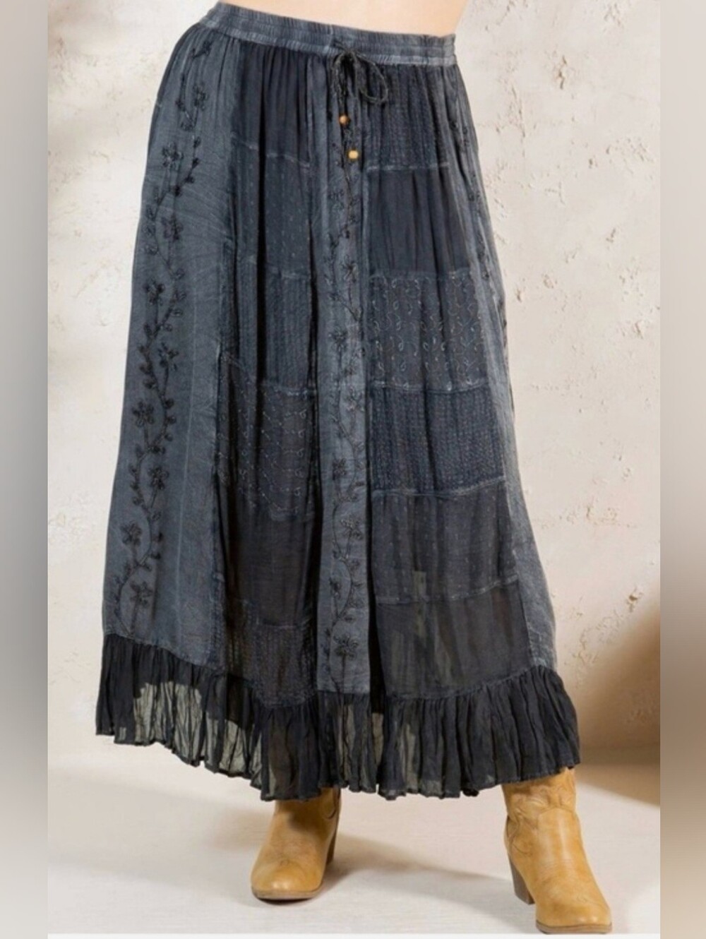 Embroidered Charcoal Maxi Skirt with Ruffle Hem SK22173